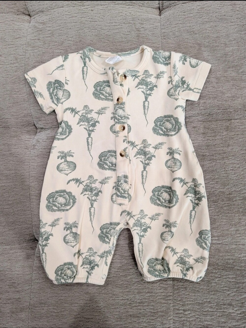 Kate Quinn Farmers Market veggie print Short Sleeve Button Bubble Jumpsuit